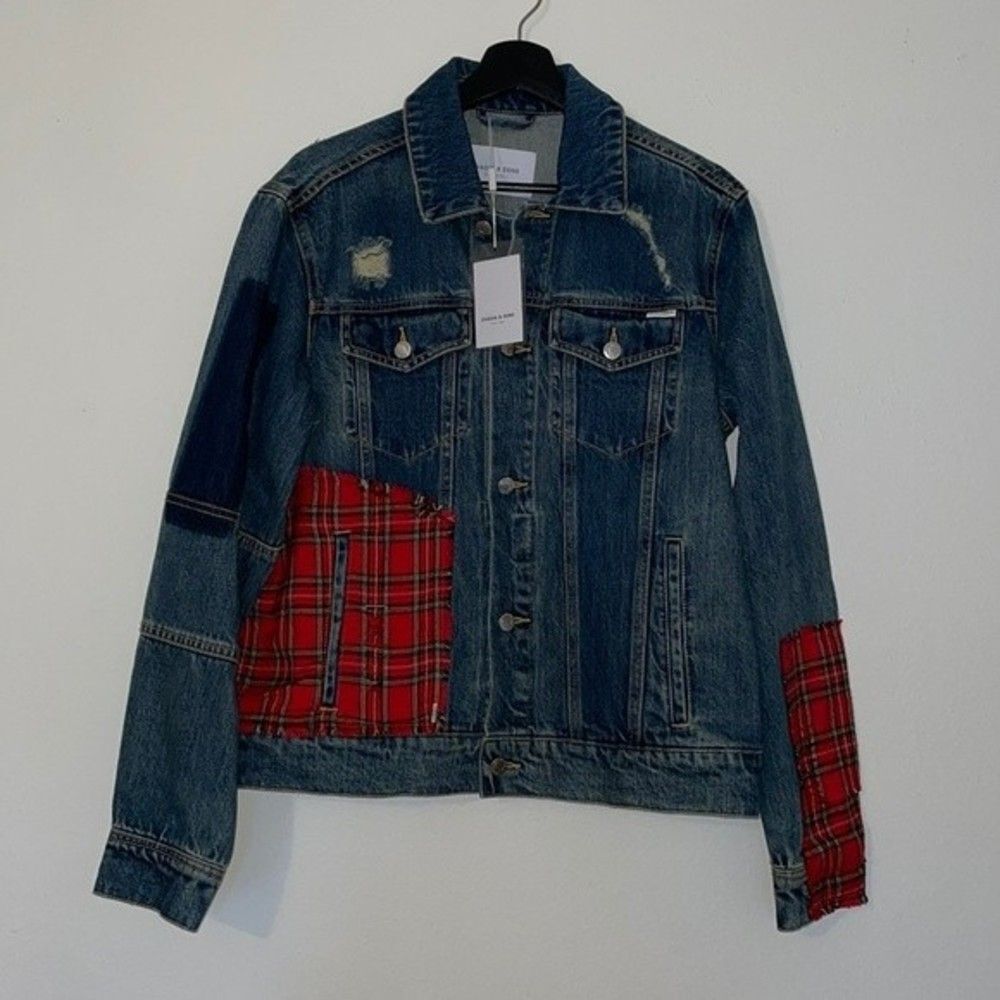 Ovadia & Sons Plaid Patch Denim Jacket Mens Size Small